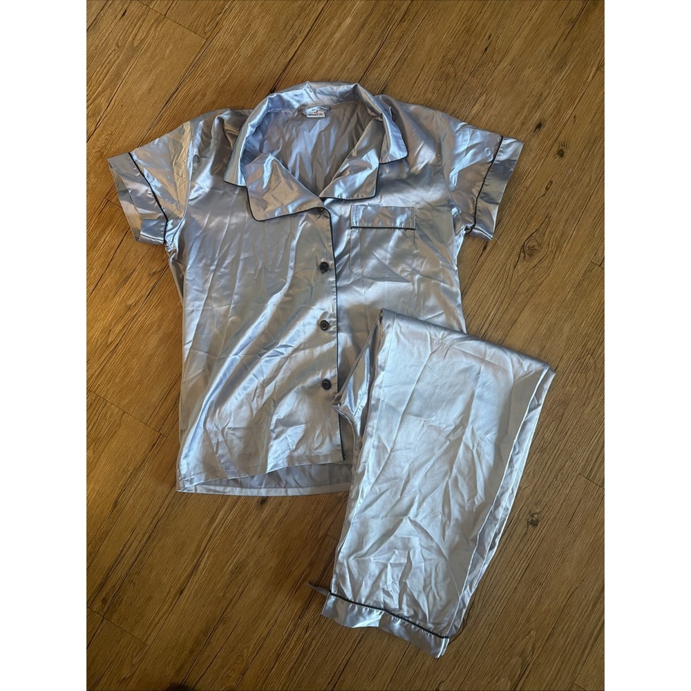 satin pajama set Pants & Top women's Size M Grey Buttons Casual